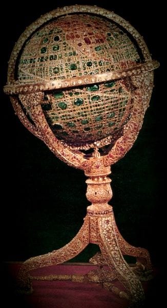 "The Jewelled Globe" (Koreh-e Javaherneshan) refers to a magnificent, solid gold globe from the Iranian Crown Jewels, created in 1869 for Nasser-al-Din Shah Qajar