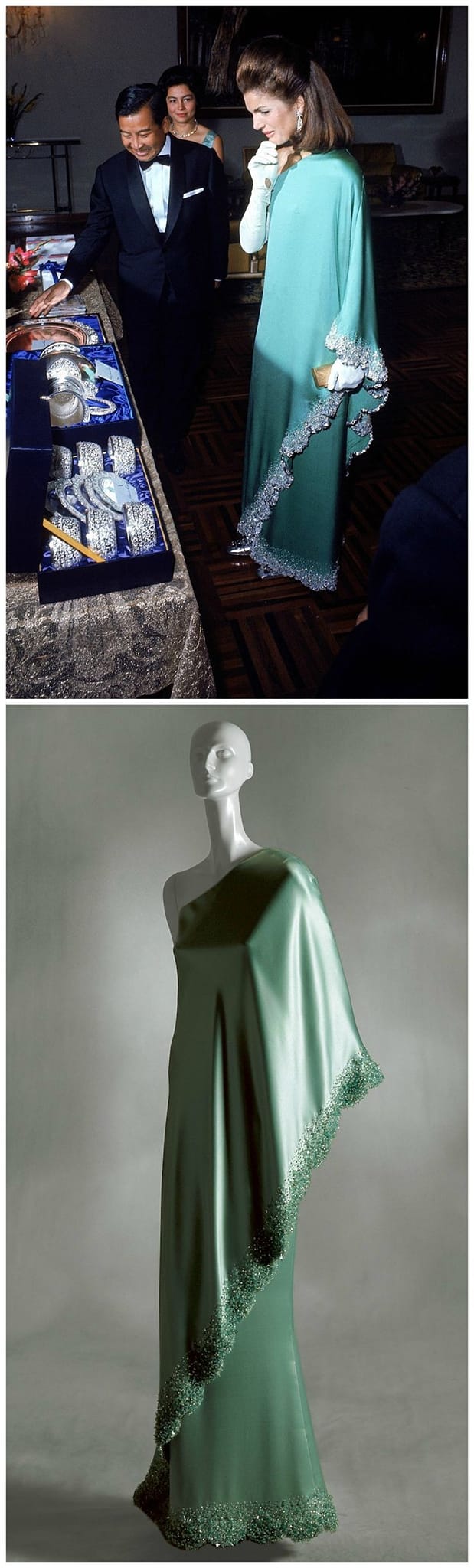 Crystal- embroidered evening dress, by Valentino 1967- 68 worn by Jackie Kennedy during her visit to Cambodia in 1967.