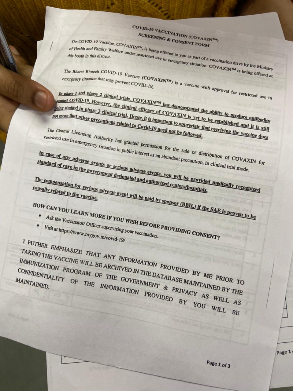 Consent Form For Covaxin Assures Compensation In Case Of Adverse Events