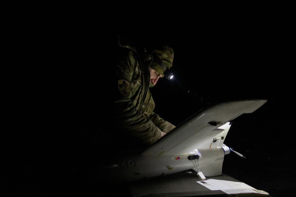 A Ukrainian serviceman of the 18th Sloviansk Brigade of the National Guard of Ukraine works on a drone interceptor in the Donetsk region on January 22, 2026, amid the Russian invasion of Ukraine.