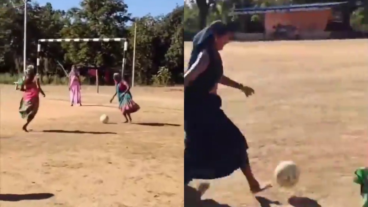साड़ी पहनकर फुटबॉल खेलने उतरी महिलाएं, सोशल मीडिया पर छाया VIDEO