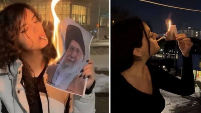 सोशल मीडिया पर वायरल वीडियो में महिलाएं खामेनेई की तस्वीरों को सिगरेट से जलाती दिख रही हैं. सोशल मीडिया पर वायरल वीडियो में महिलाएं खामेनेई की तस्वीरों को सिगरेट से जलाती दिख रही हैं.