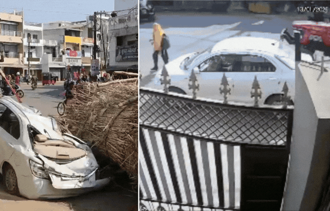 VIDEO: कार पर गिरी गन्ने से ओवरलोड ट्रैक्टर-ट्रॉली! गाड़ी के अंदर बैठा था शख्स, फिर...