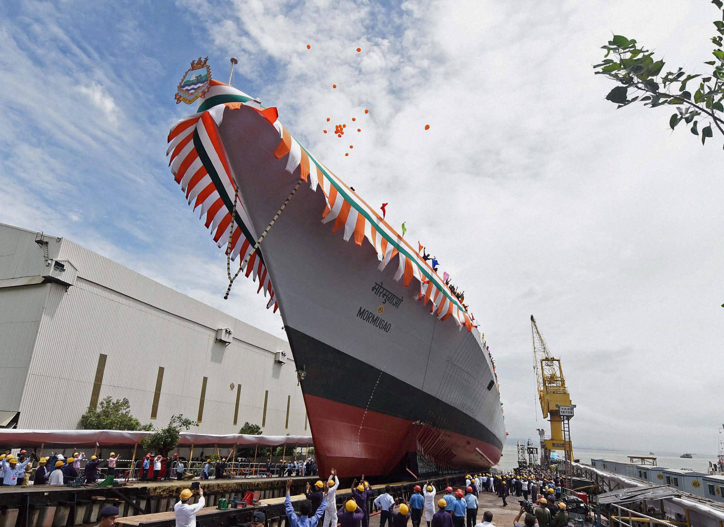 Indian Navy Launches Second Visakhapatnam-Class Warship Mormugao In Mumbai