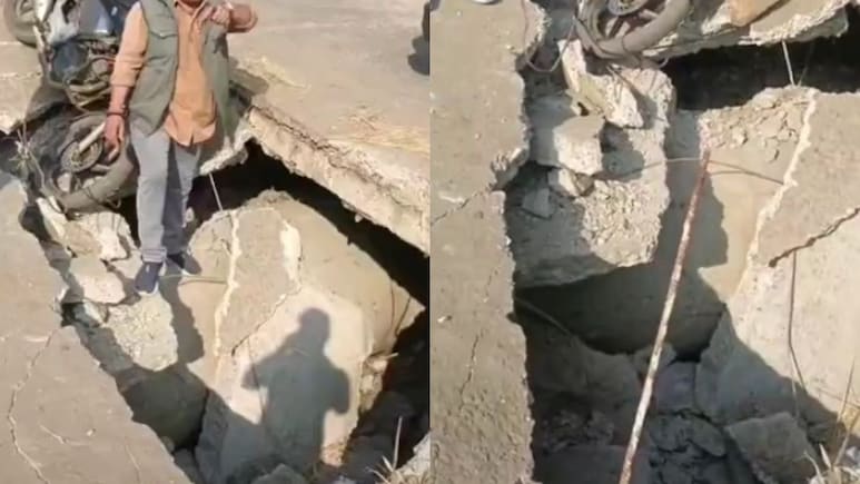 भोपाल में सड़क पर हुआ 15 फीट लंबा और चौड़ा गड्ढा, बाइक सवार गिरने से बचा