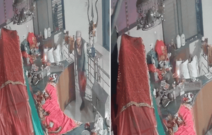 VIDEO: खिड़की से मंदिर में घुसा चोर, माता रानी को किया प्रणाम, फिर चांदी का 4 किलो का छत्र ले उड़ा
