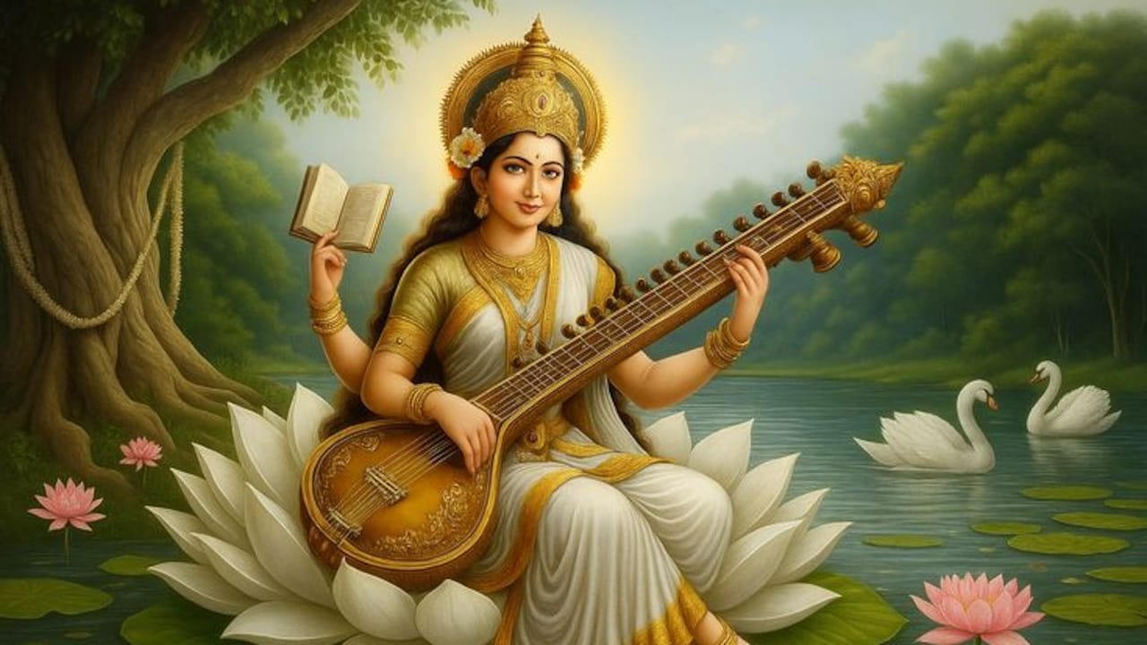 Graceful Saraswati Puja photo frames and idols suited for prayer during Basant Panchami 2026