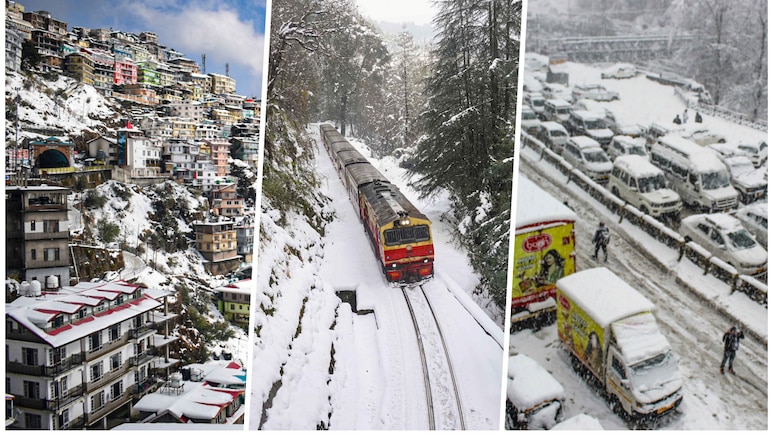 पहाड़ों पर बिछी बर्फ की चादर तो लगा ट्रैफिक जाम और पर्यटक परेशान... देखें शिमला से श्रीनगर तक बर्फबारी की तस्&zwj;वीरें