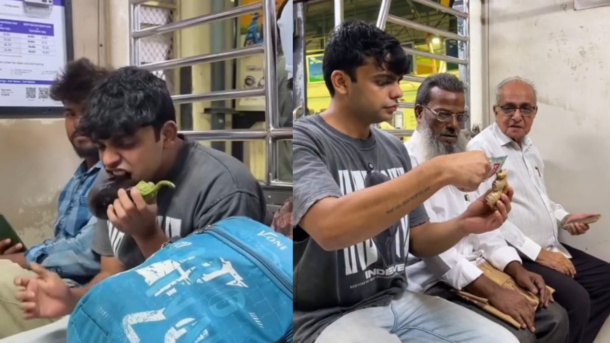 Watch: Vlogger Eats Raw Brinjal, Ginger-Ketchup And More Bizarre Foods In Mumbai Local Train, Passengers React