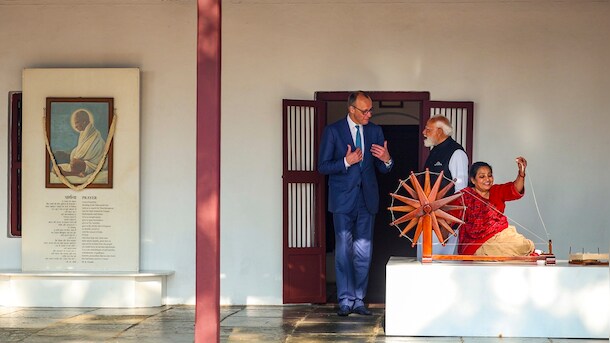PM Modi, German Chancellor Observe Charkha Spinning At Sabarmati Ashram