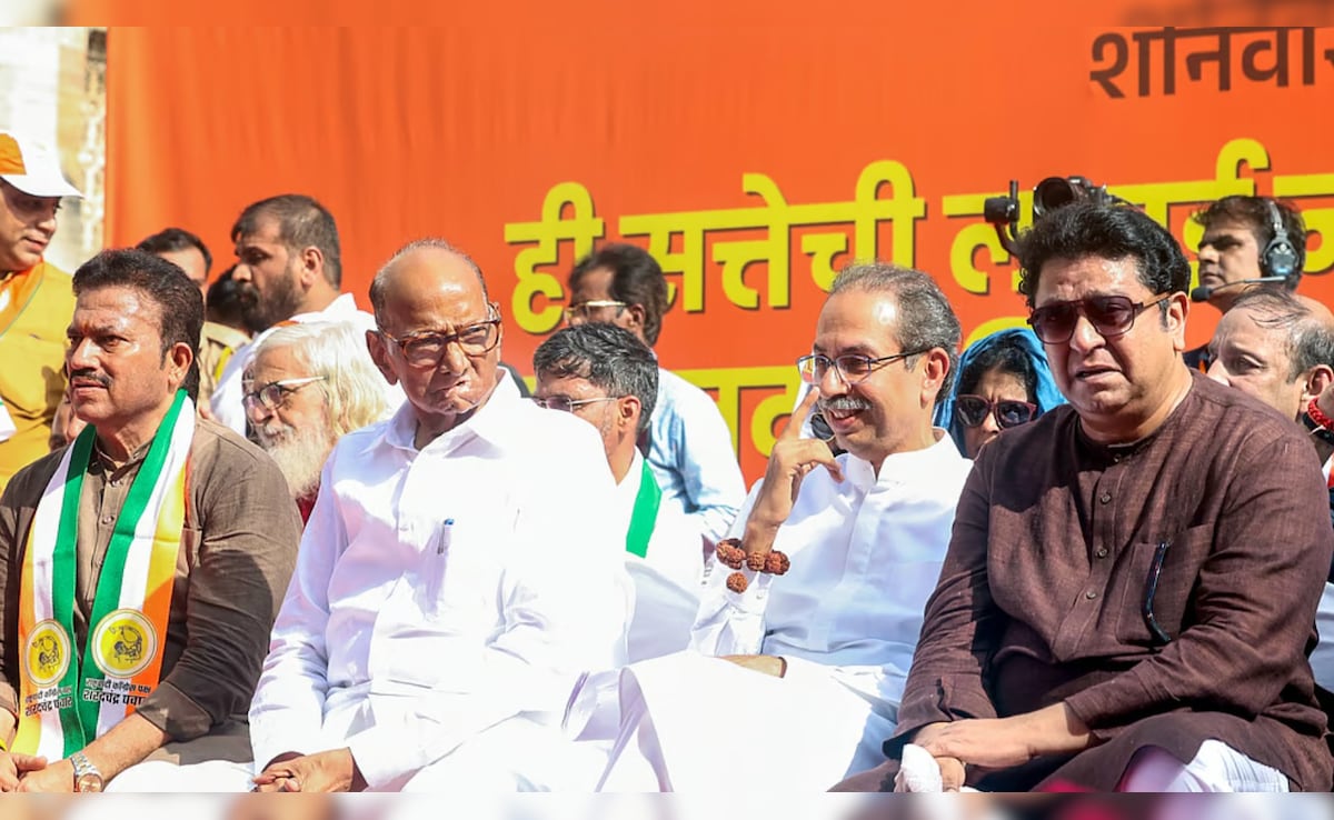 चुनाव आयोग के खिलाफ 01 नवंबर 2025 को प्रदर्शन करते राज ठाकरे अपने चचेरे भाई उद्धव और एनसीपी (शरद पवार) प्रमुख शरद पवार के साथ