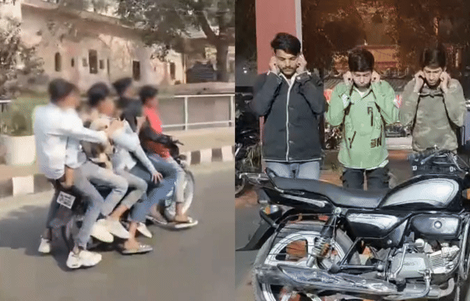 VIDEO: ट्रैफिक नियम तोड़ने पर उठक-बैठक की सजा; एक बाइक पर सवार हुए 7 लोग, पुलिस ने सिखाया सबक
