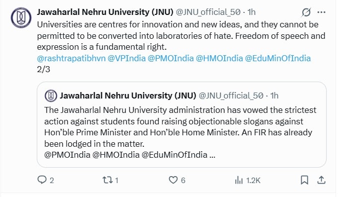 नारेबाजी वाले मामले में जेएनयू ने एक्स पोस्ट में कड़ी कार्रवाई की बात कही है.