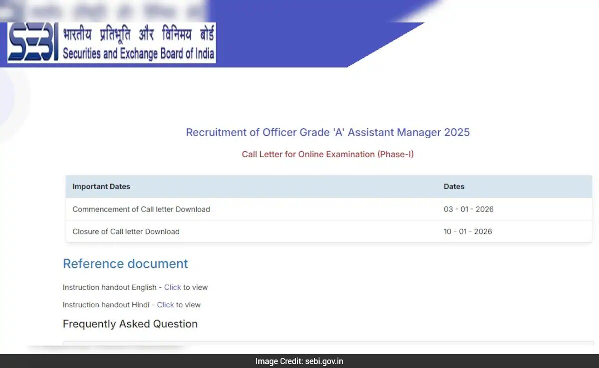 SEBI Releases Grade A Admit Card 2025