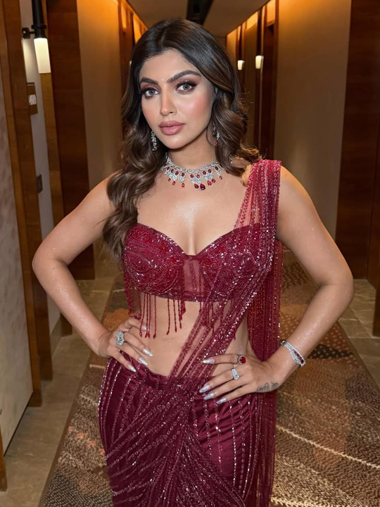 Akanksha Puri Serves Red‑Carpet Glam in a Wine‑Tone Corset Saree