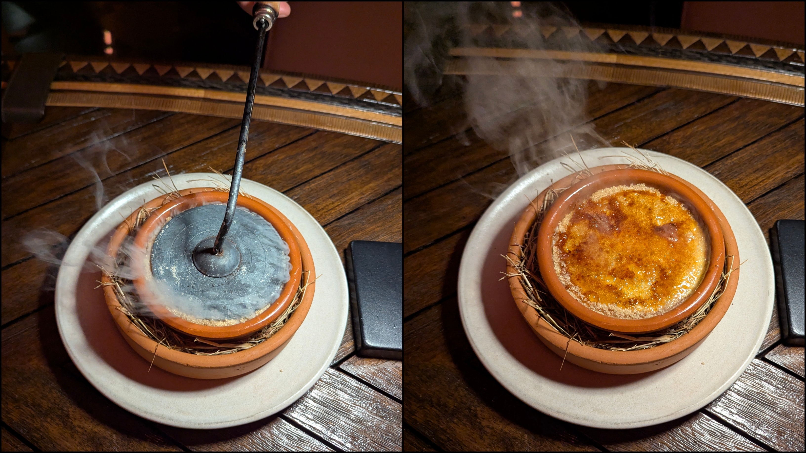 Creme brulee, torched with a plate. Photos: Author
