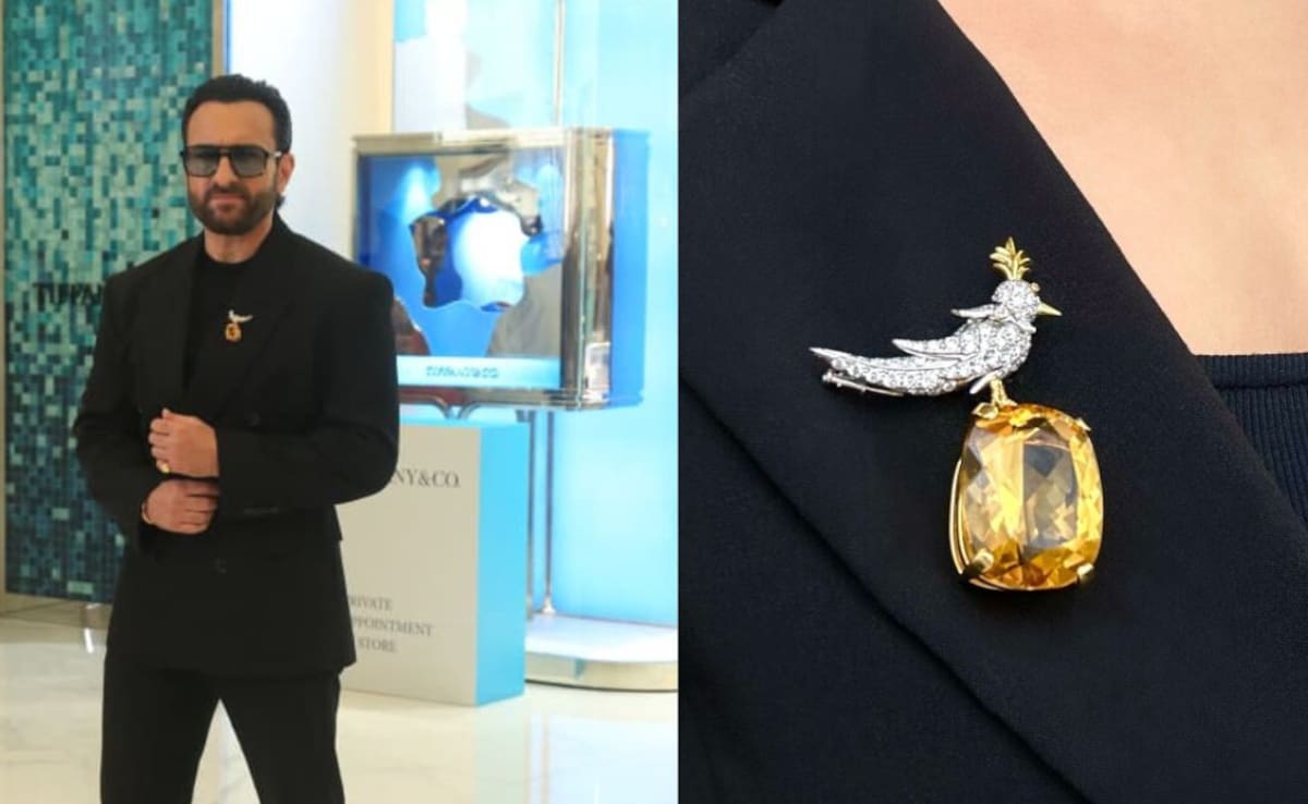 Saif Ali Khan trägt in Mumbai eine Damenbrosche aus Rubin und Diamanten im ...