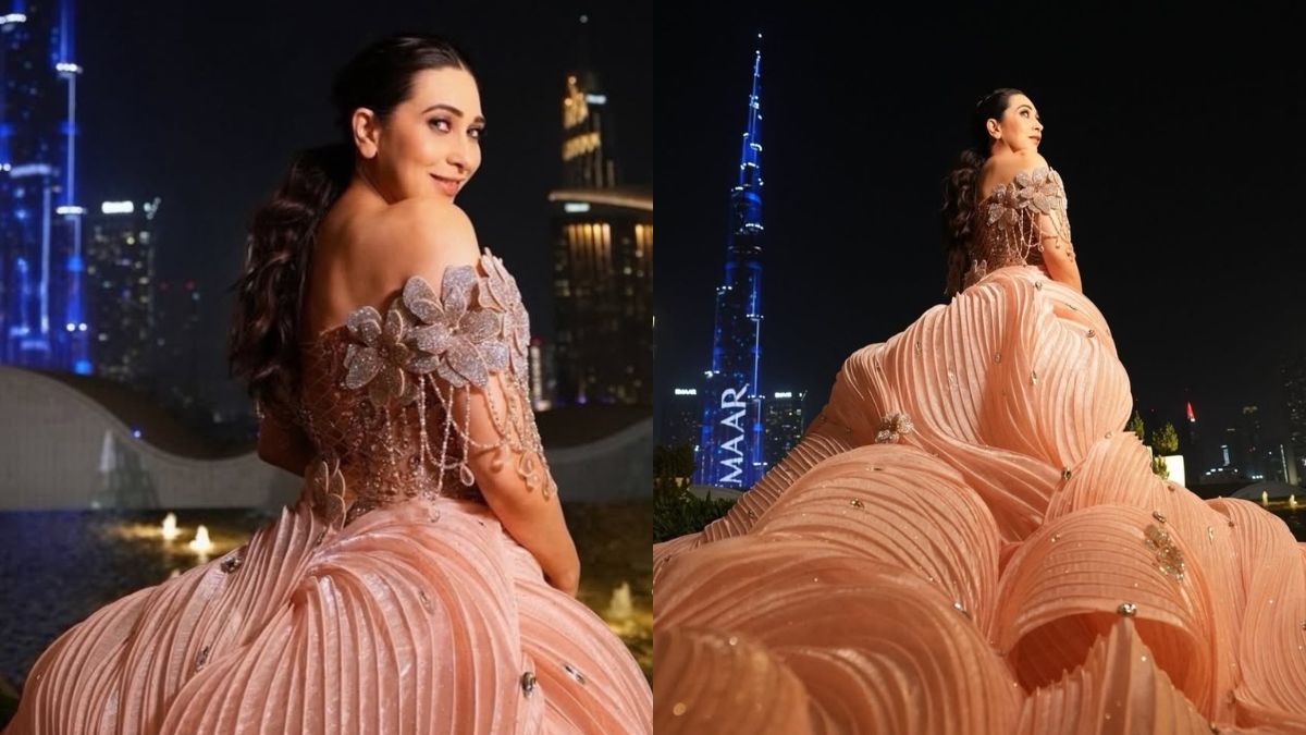 Karisma Kapoor Brings <i>Bridgerton</i> Glamour To Dubai In A Peach Gown