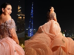 Karisma Kapoor Brings <i>Bridgerton</i> Glamour To Dubai In A Peach Gown