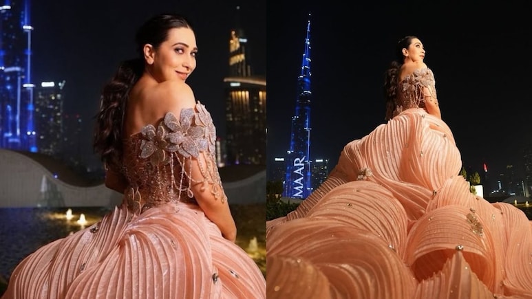 Karisma Kapoor Brings <i>Bridgerton</i> Glamour To Dubai In A Peach Gown