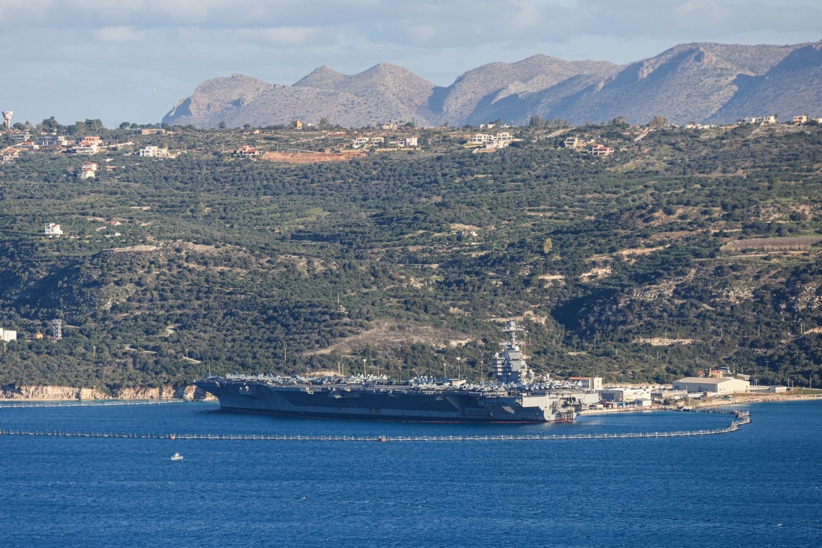 US aircraft carrier USS Gerald Ford is pictured docked at Souda Bay in the Greek Mediterranean island of Crete, on February 24, 2026