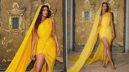 Priyanka Chopra Stuns In Saffron-Hued Gaurav Gupta Saree Gown At The Bluff After-Party