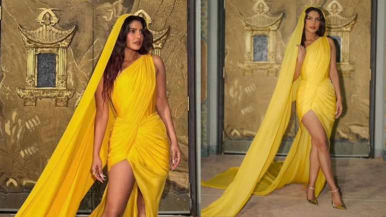 Priyanka Chopra Stuns In Saffron-Hued Gaurav Gupta Saree Gown At <i>The Bluff</i> After-Party