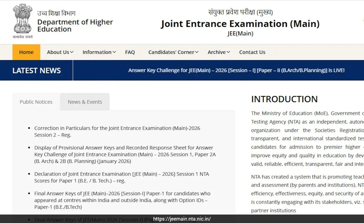 NTA Announces JEE Main 2026 Session 2 Correction Window From February 27