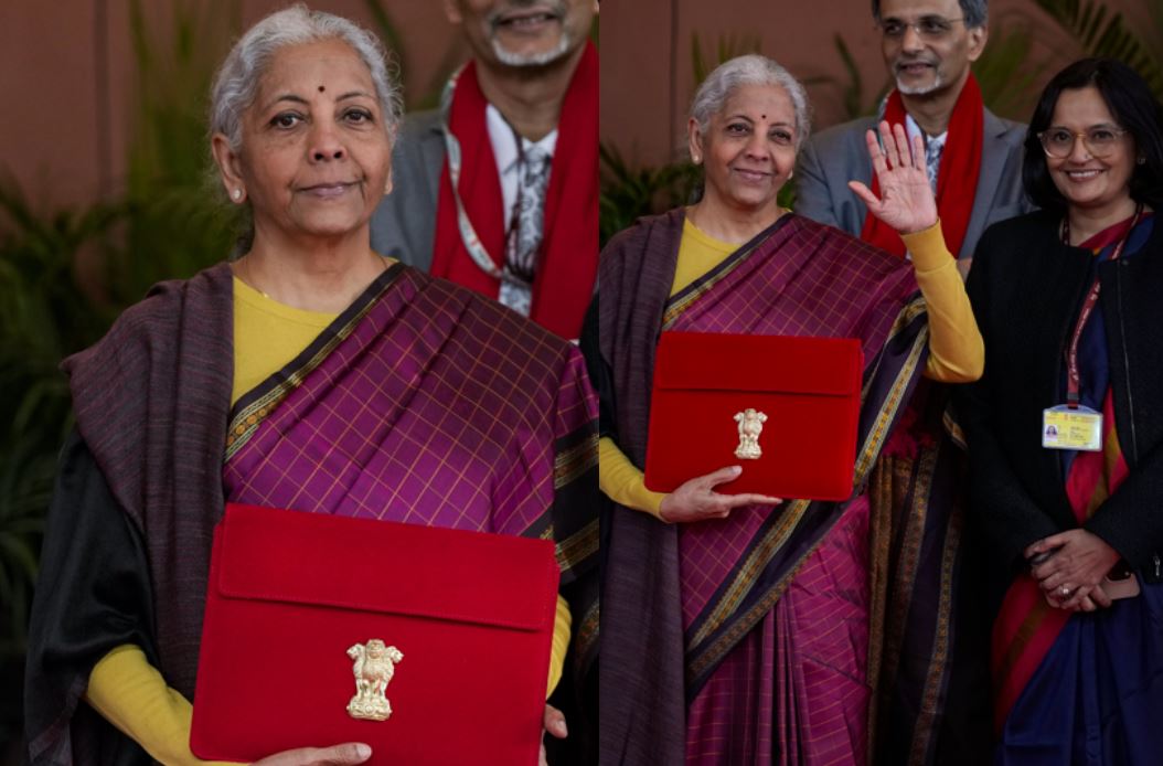 निर्मला सीतारमण का 'बजट लुक', इस बार बैंगनी रंग की साड़ी में आई नजर