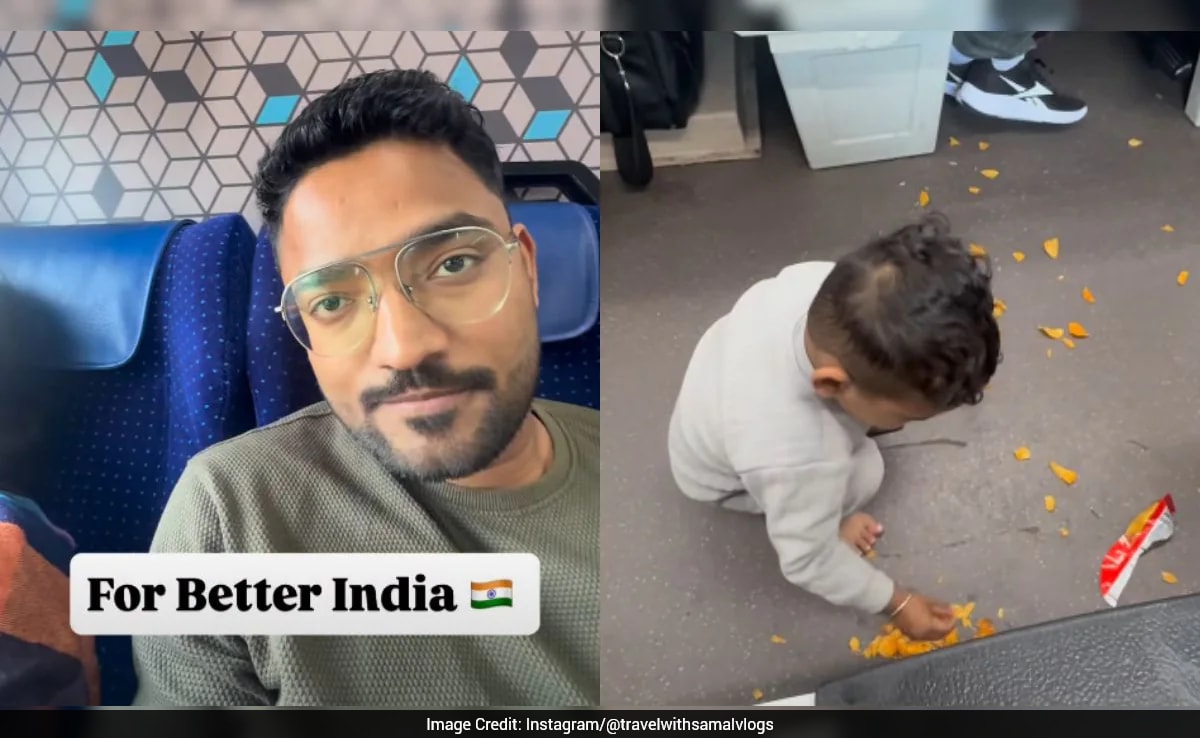 Father Teaches Toddler Civic Responsibility by Cleaning Chips on Train Floor