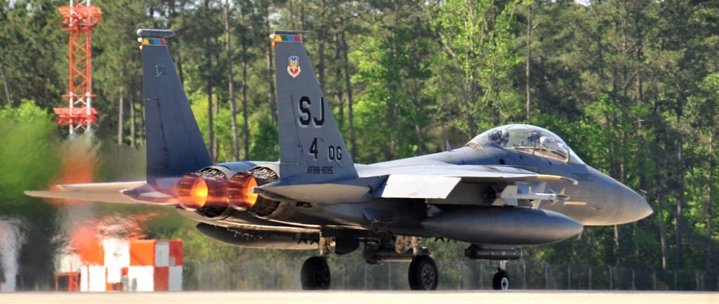 An F-15E Strike Eagle taking off during a “Turkey Shoot” training mission on Seymour Johnson Air Force Base on April 16, 2012.