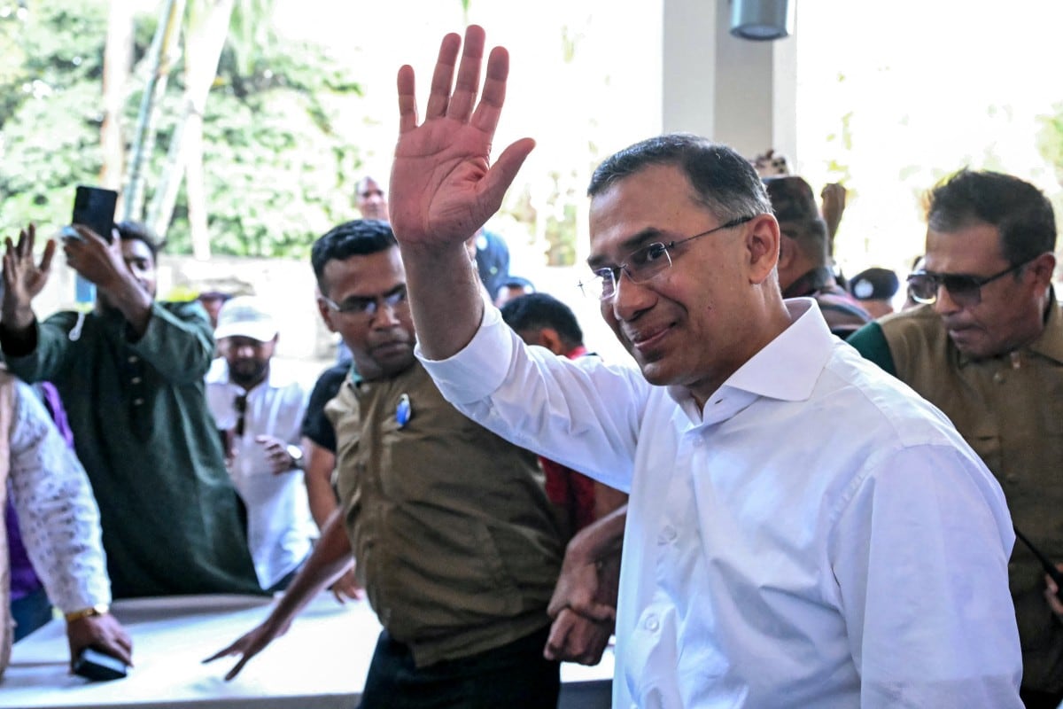 Bangladesh Nationalist Party chairman Tarique Rahman leaves after addressing a press conference in Dhaka on February 14, 2026