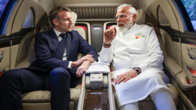 PM Modi Shares Car Ride With French President Macron In Mumbai