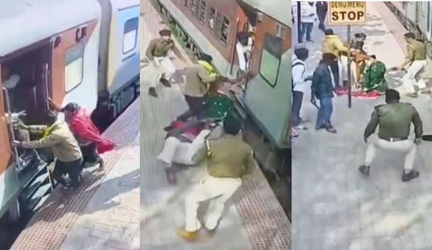 VIDEO: चलती ट्रेन में चढ़ने के दौरान गिरी महिला, प्लेटफॉर्म के बीच फंसी, RPF जवान ने ऐसे बचाई जान