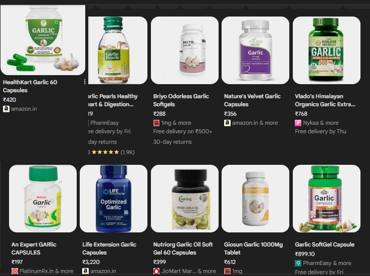 Garlic supplements are available in India. Garlic supplements are available in India.