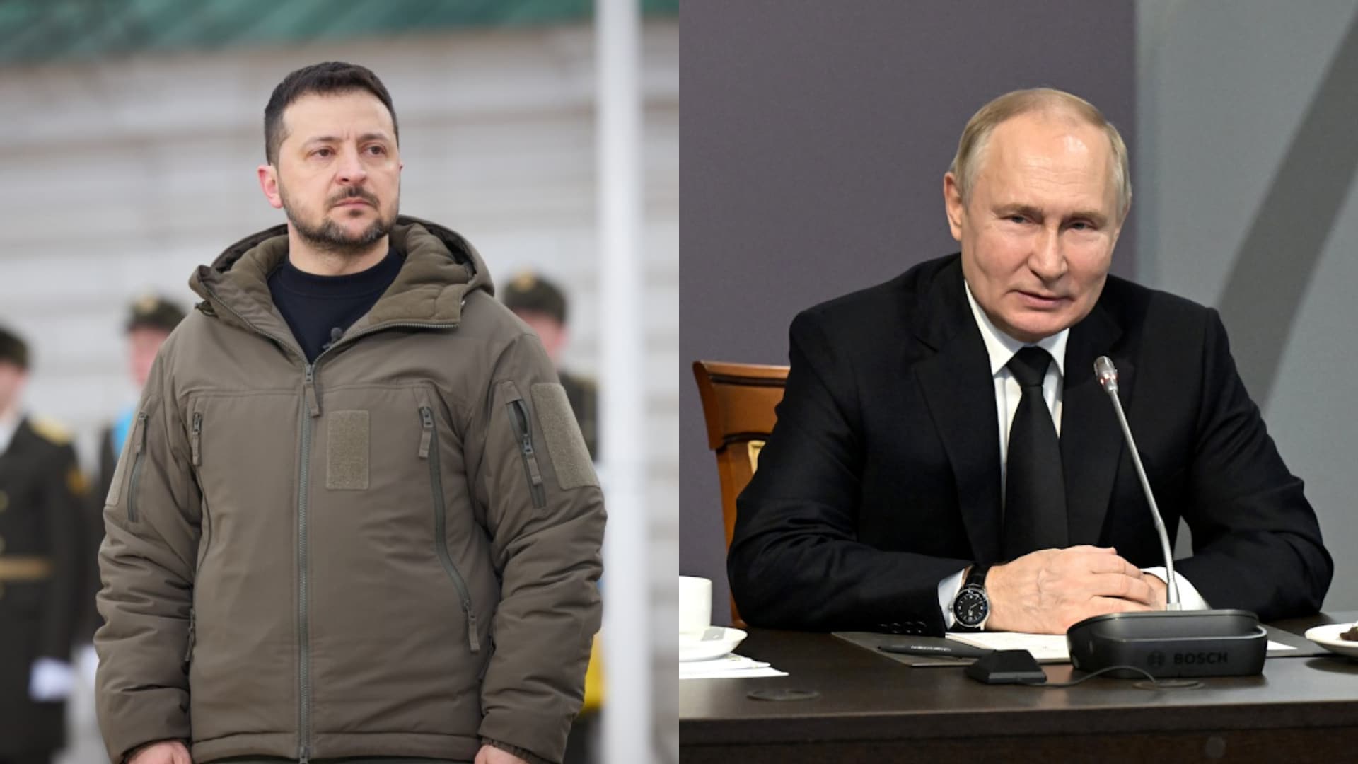 Volodymyr Zelensky, Vladimir Putin, in 2023, a year after the war started.