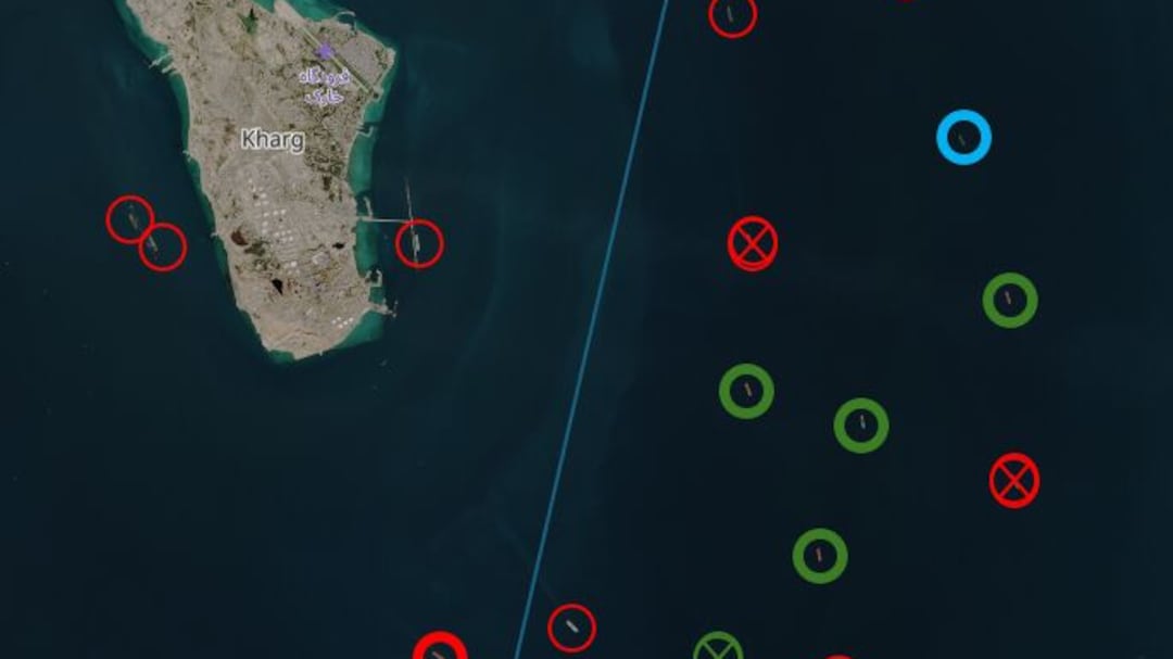 Oil tankers around Iran's Kharg Island oil terminal on Feb. 20, 2026. Tankers circled in bold were unmoved from Feb. 15. Tankers with a cross through have departed since Feb. 15.