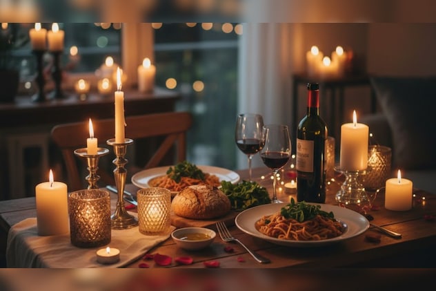 फेयरी लाइट्स और मोमबत्तियों की रोशनी में कैंडल लाइट डिनर