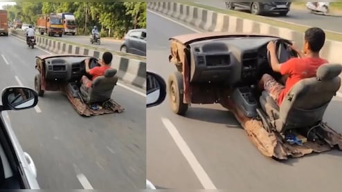 सड़क पर दौड़ी कबाड़ी कार, इंजन और सीट के सहारे कर डाली खुली सवारी, ड्राइविंग स्किल देख लोगों ने पीट लिया माथा