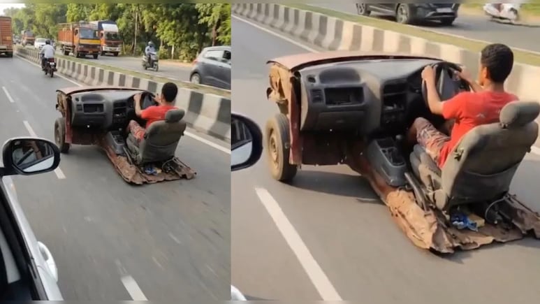 सड़क पर दौड़ी कबाड़ी कार, इंजन और सीट के सहारे कर डाली खुली सवारी, ड्राइविंग स्किल देख लोगों ने पीट लिया माथा