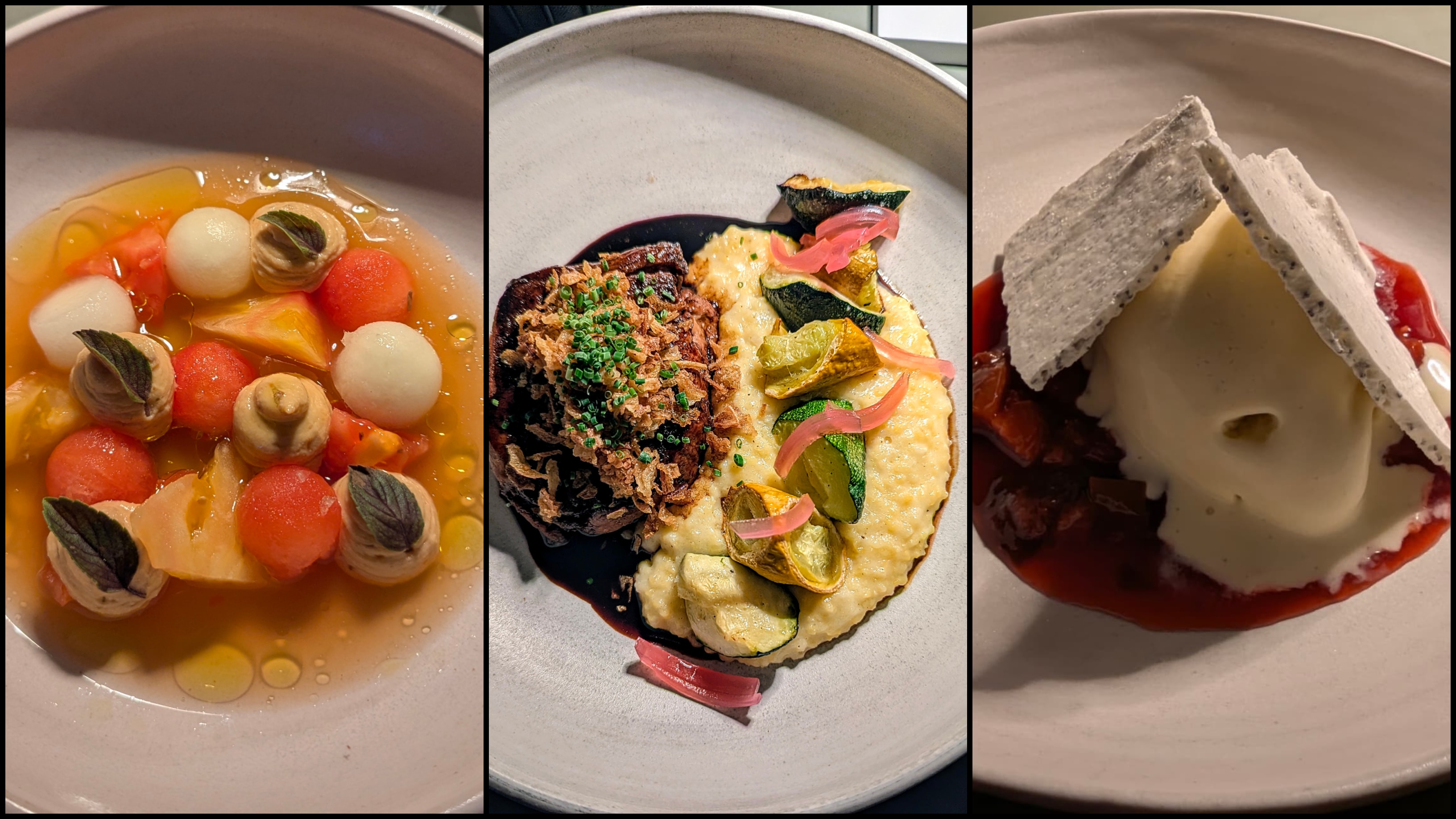 (L-R) The tomato and melon salad, the Ticino polenta, and the tonka bean ice cream. Photos: Author