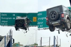 Fact Check: AI Video Shows Mahindra Thar Hanging In Delhi-Jaipur Expressway's Sign Board