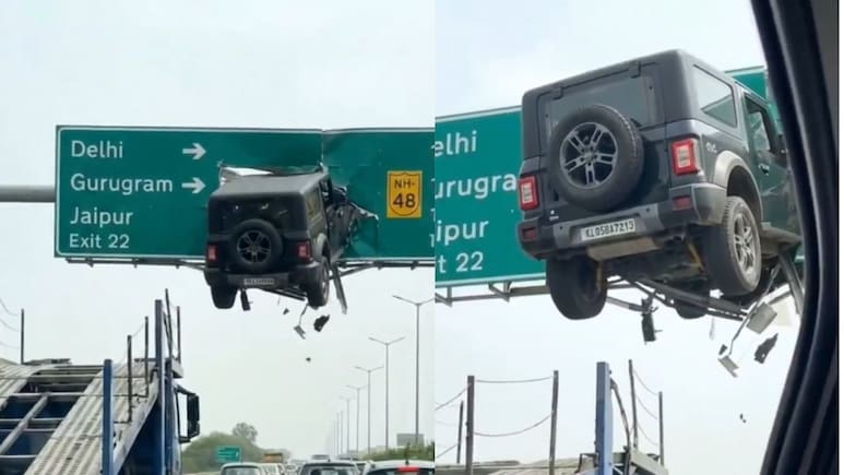 Fact Check: AI Video Shows Mahindra Thar Hanging In Delhi-Jaipur Expressway's Sign Board