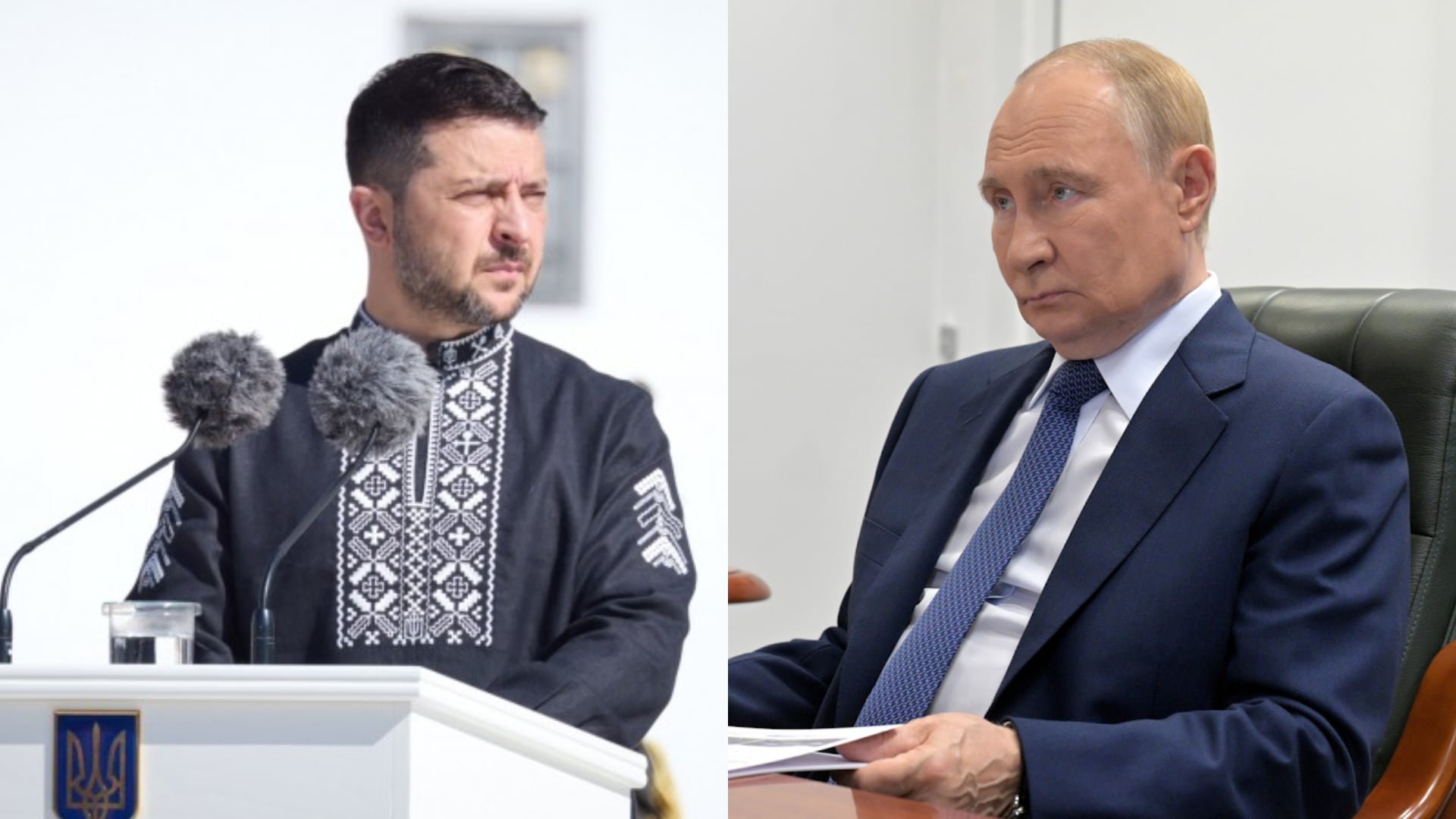 Volodymyr Zelensky and Vladimir Putin after three years of war in 2025.