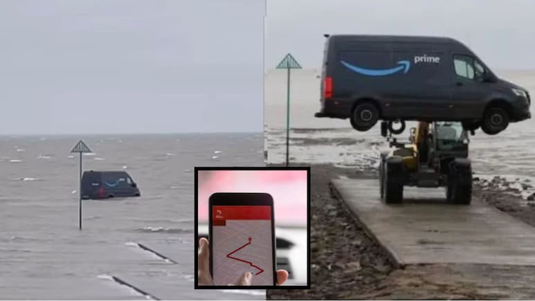 आपकी आंखें खोल देगी ये खबर! GPS के भरोसे चला ड्राइवर...सीधा समुद्र में जा फंसी डिलीवरी वैन, बाल-बाल बचा ड्राइवर