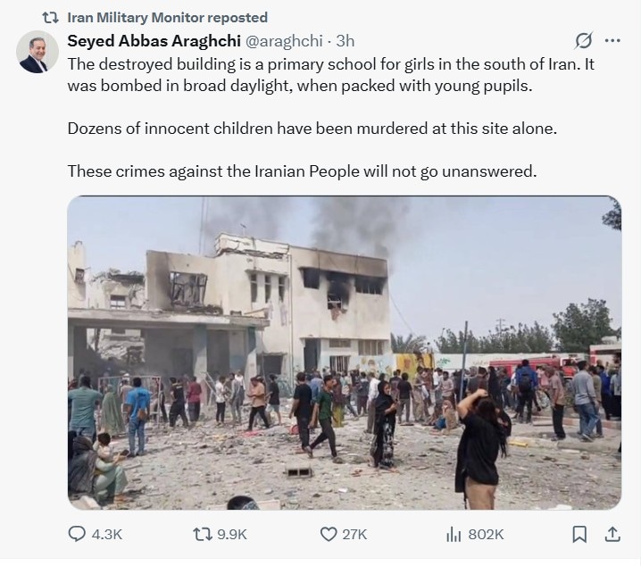 मिनाब के स्कूल पर हुए हमले पर ईरान के विदेश मंत्री का पोस्ट. मिनाब के स्कूल पर हुए हमले पर ईरान के विदेश मंत्री का पोस्ट.