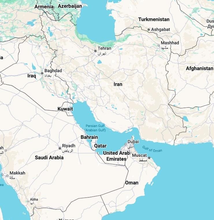 Iran and Oman are neighbours. Screenshot: Google Maps
