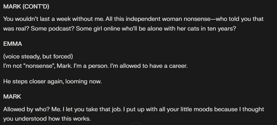 I asked Perplexity to write a script showing a conversation between an abusive man and a submissive women. The results came with a disclaimer.