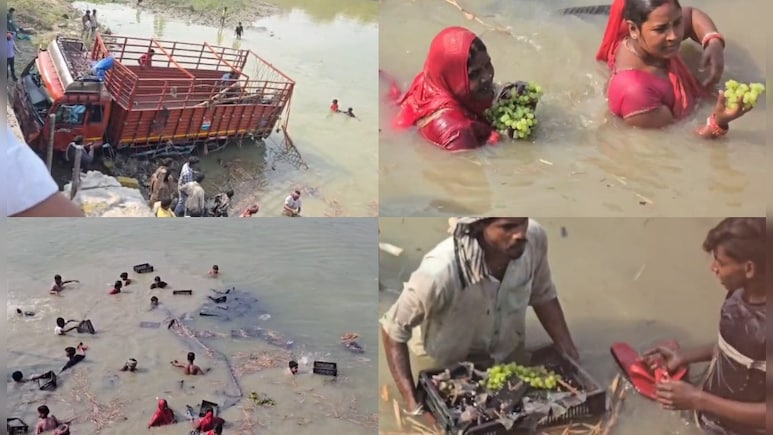 VIDEO: दरभंगा में अंगूर से भरा ट्रक नदी में पलटा, लूटने की मची होड़, महिलाएं भी नहीं रहीं पीछे