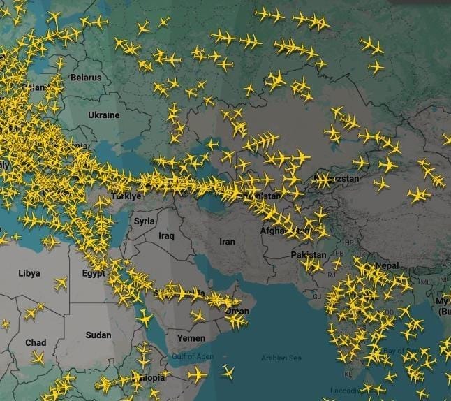 The Middle East has turned a no-fly zone. Screenshot: Flightradar24